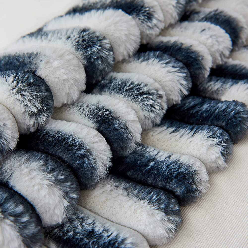 Blue 18"x18" ribbed ombre faux fur throw pillow ultra-soft two-tone design luxury textured accent insert included