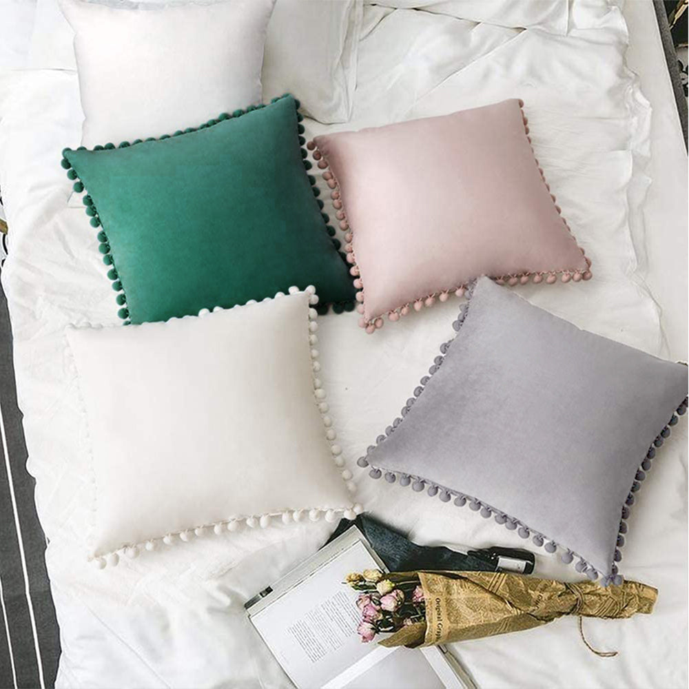 20''x20'' velvet pom-pom throw pillow | 7 colors soft & playful ball trim design | fun couch & bedroom accent | insert included