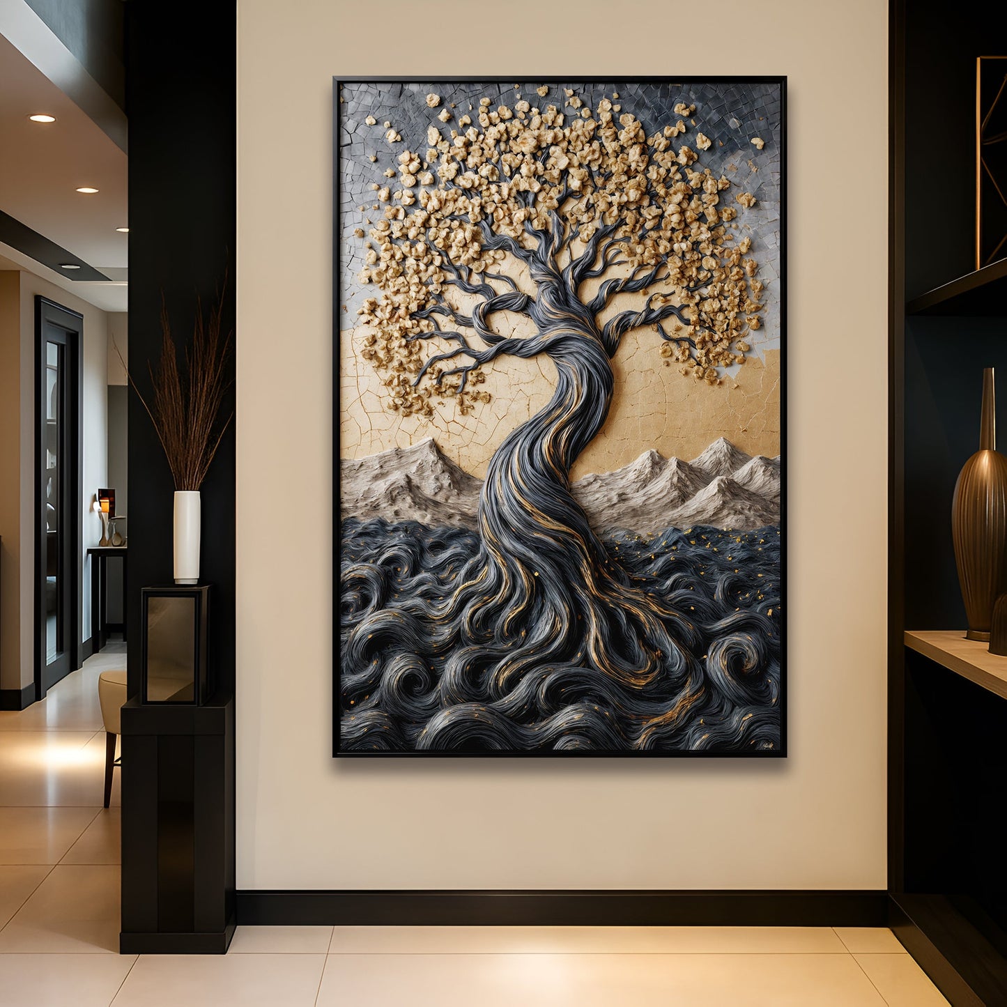 Golden Tree of Life Minimalist Impasto Wall Art