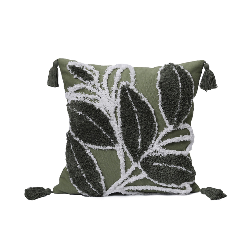 Tufted Leaf Decorative Throw Pillow with Tassels – Textured Cotton Cushion (With or Without Inserts) 18''x18'' set of 2