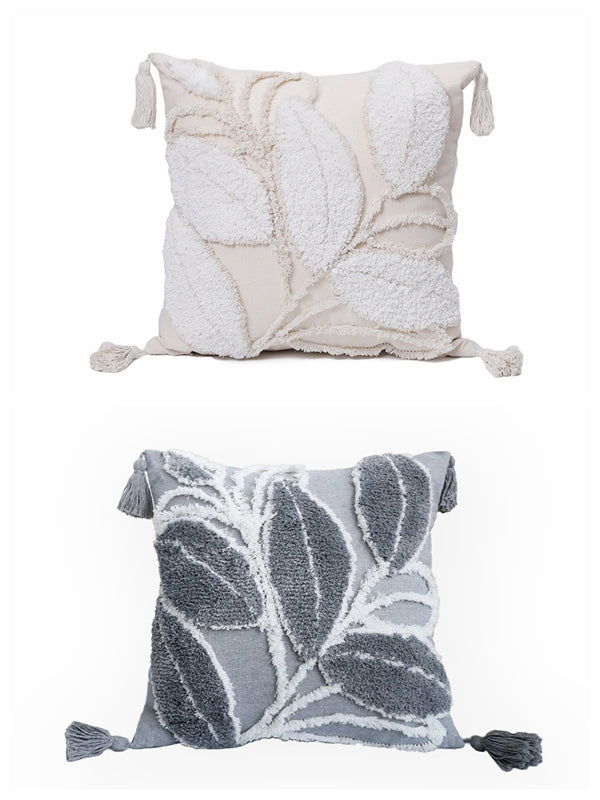 Tufted Leaf Decorative Throw Pillow with Tassels – Textured Cotton Cushion (With or Without Inserts) 18''x18'' set of 2