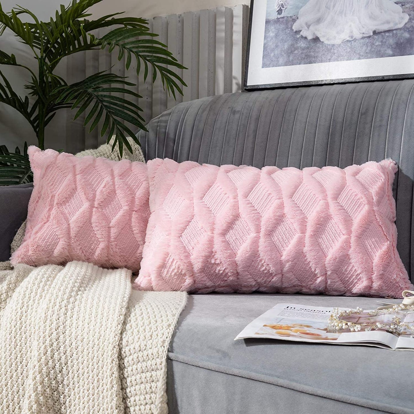 12''x20'' luxe textured knit throw pillow| 17 colors soft faux fur finish + diamond weave design | modern couch & bedroom decor essential| insert included