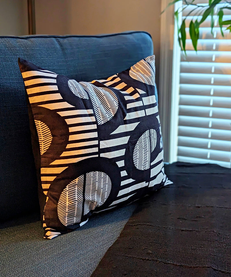 African Print Fabric Pillow Cover - Black White Abstract Pattern
