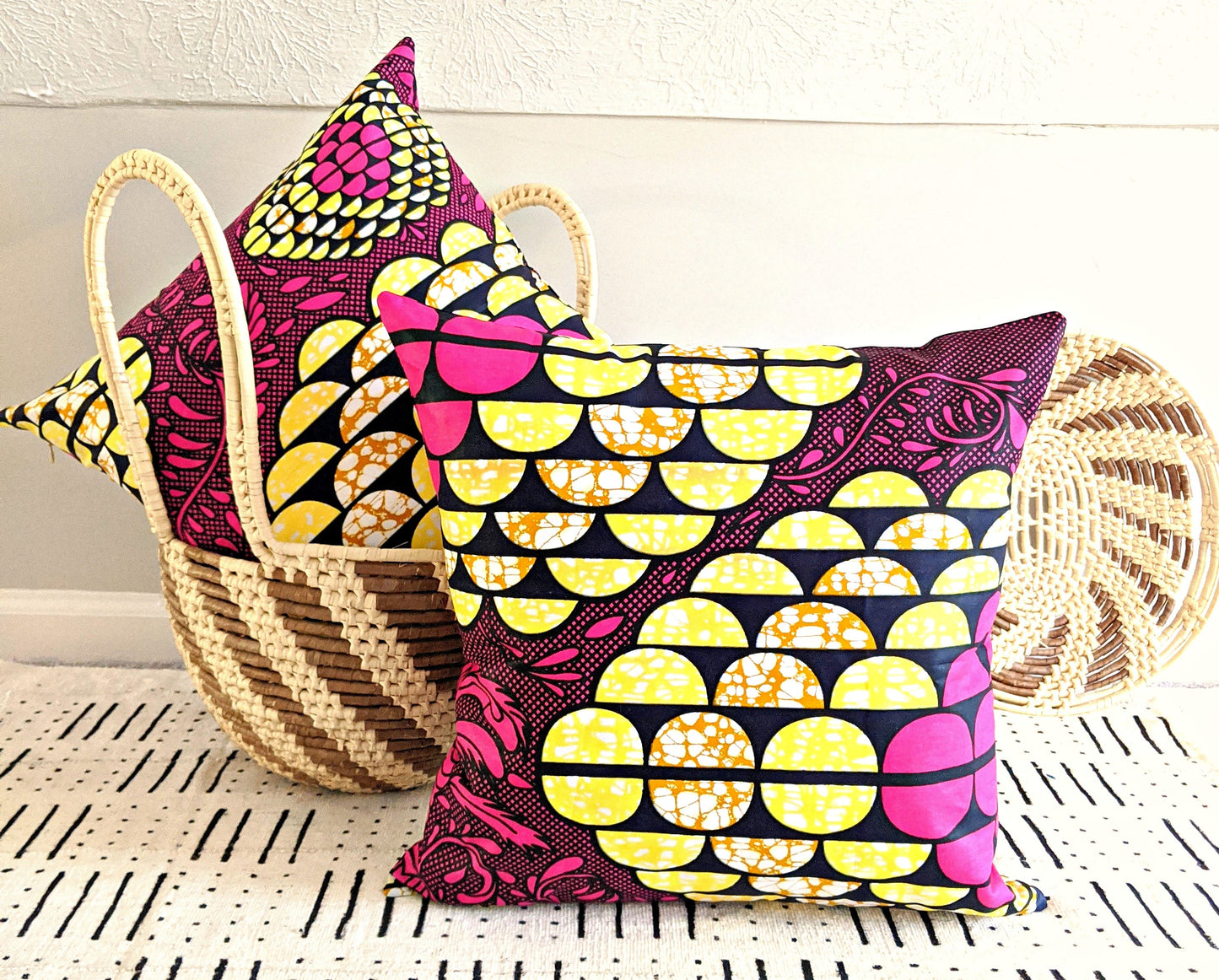 African Print Fabric Pillow Cover -Fuchsia Black Yellow