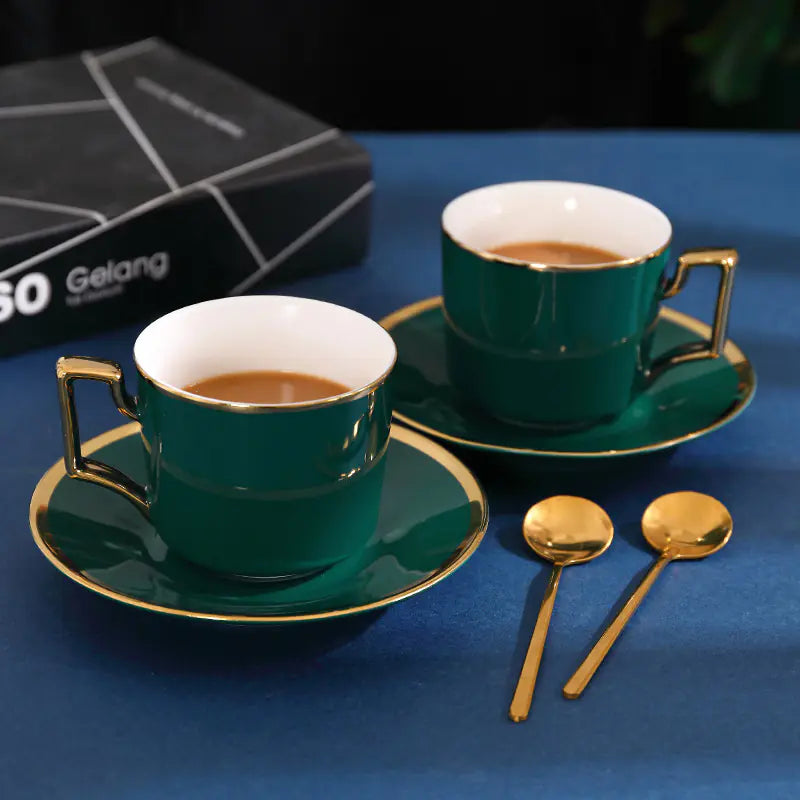 Dark Green Ceramic Coffee Cup with Spoon and Saucer