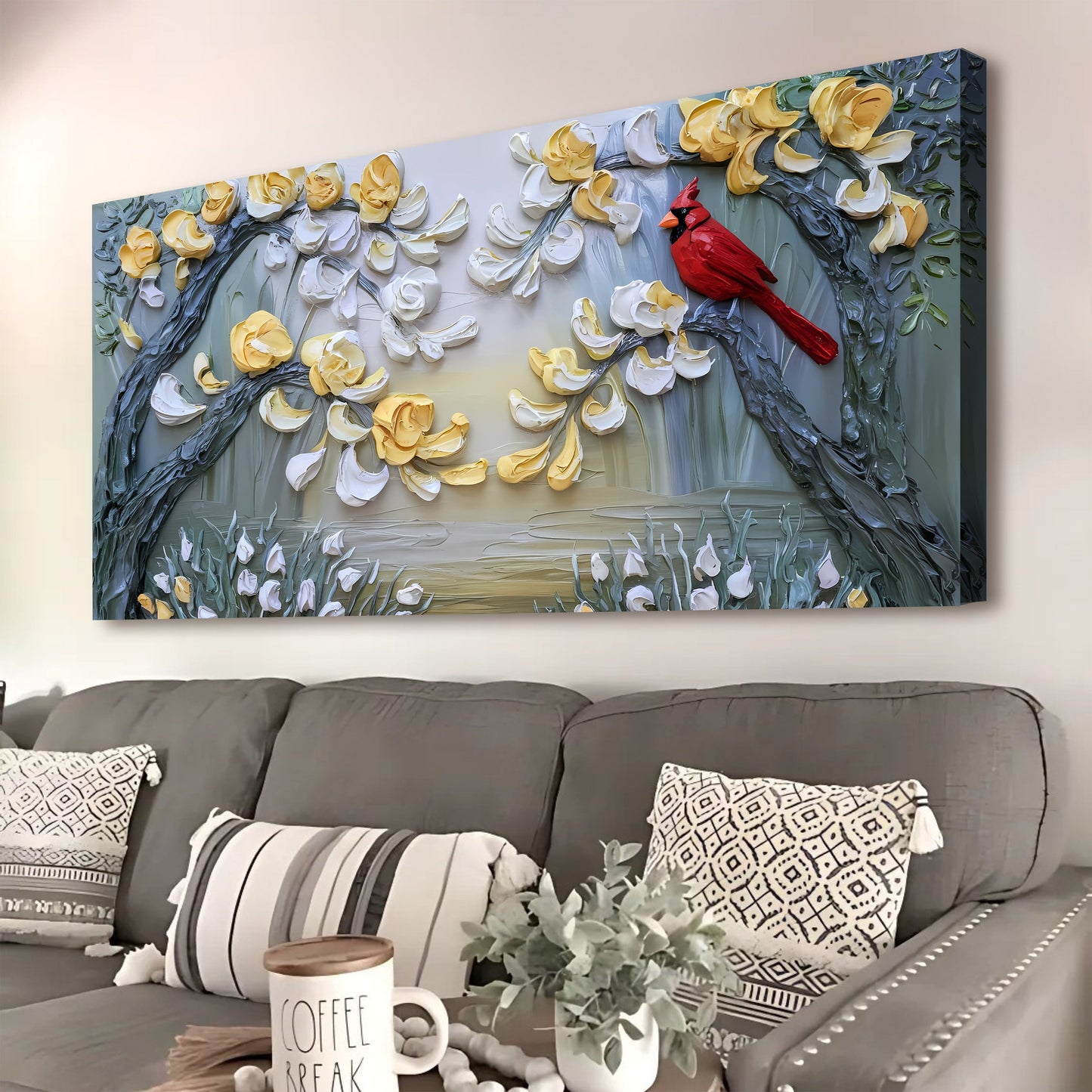 Golden Petals and Scarlet Wings Impasto Wall Art