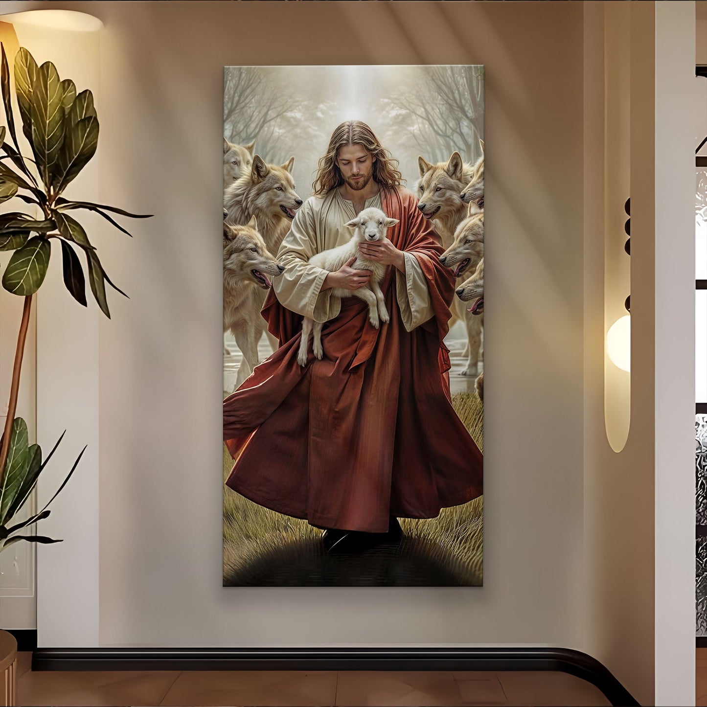 Jesus Protects The Lamb From Wolves Faith Wall Art VI