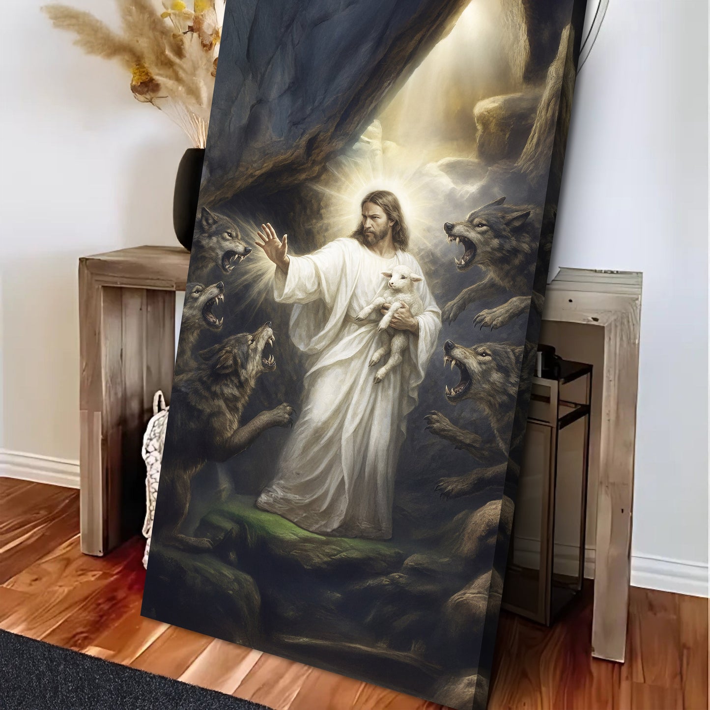 Jesus Protects The Lamb From Wolves Faith Wall Art XV