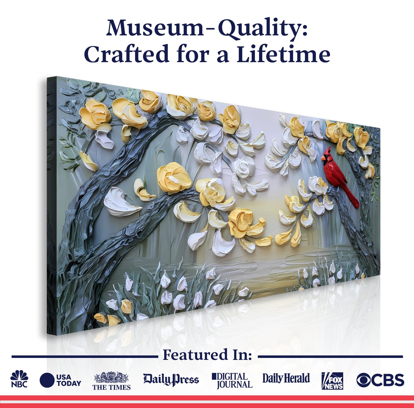 Golden Petals and Scarlet Wings Impasto Wall Art