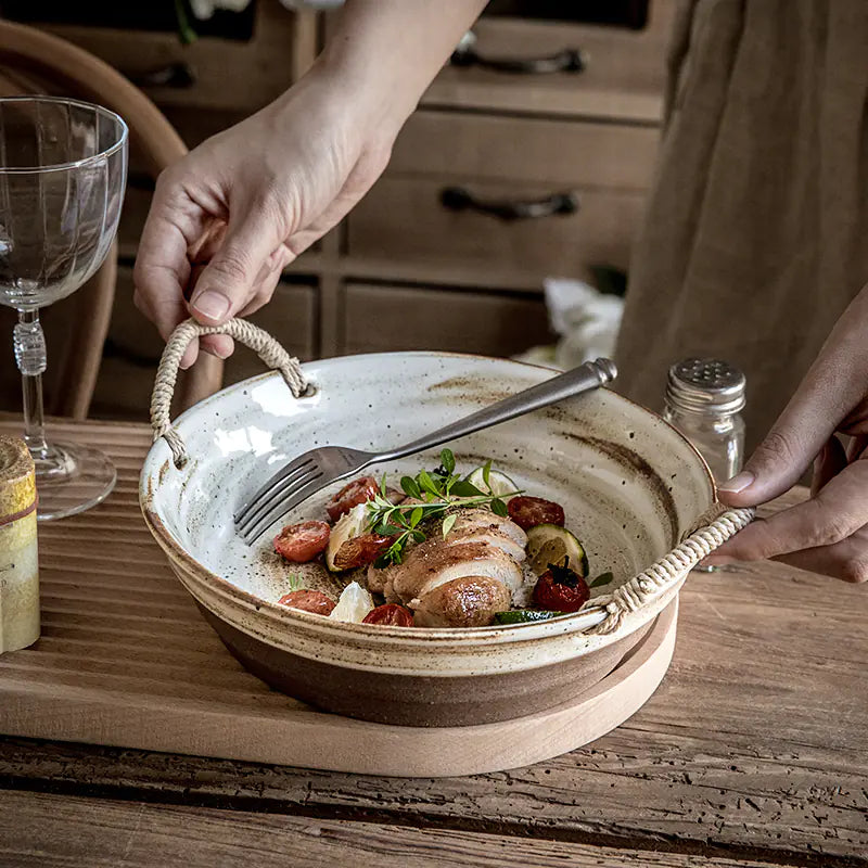 Large Deep Stoneware Plate with Hemp Rope 9 Inch