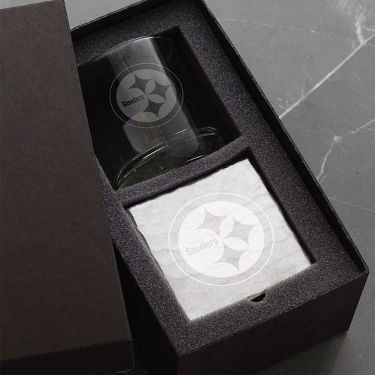 Pittsburgh Steelers Etched Rocks Glass and Square Coaster Set