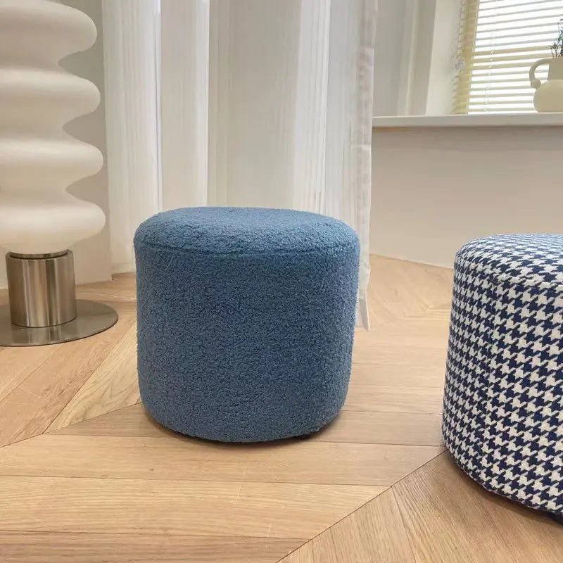 Houndstooth Lambswool Round Stool for Living Room