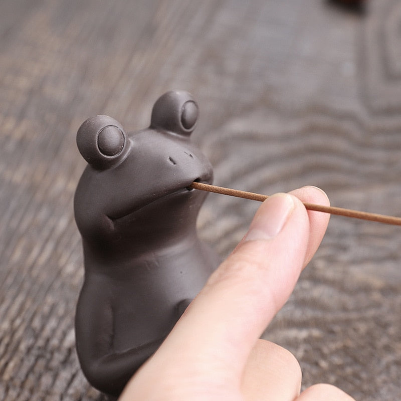 Handmade Clay Frog Incense Stick Holder Animal Statue Decor