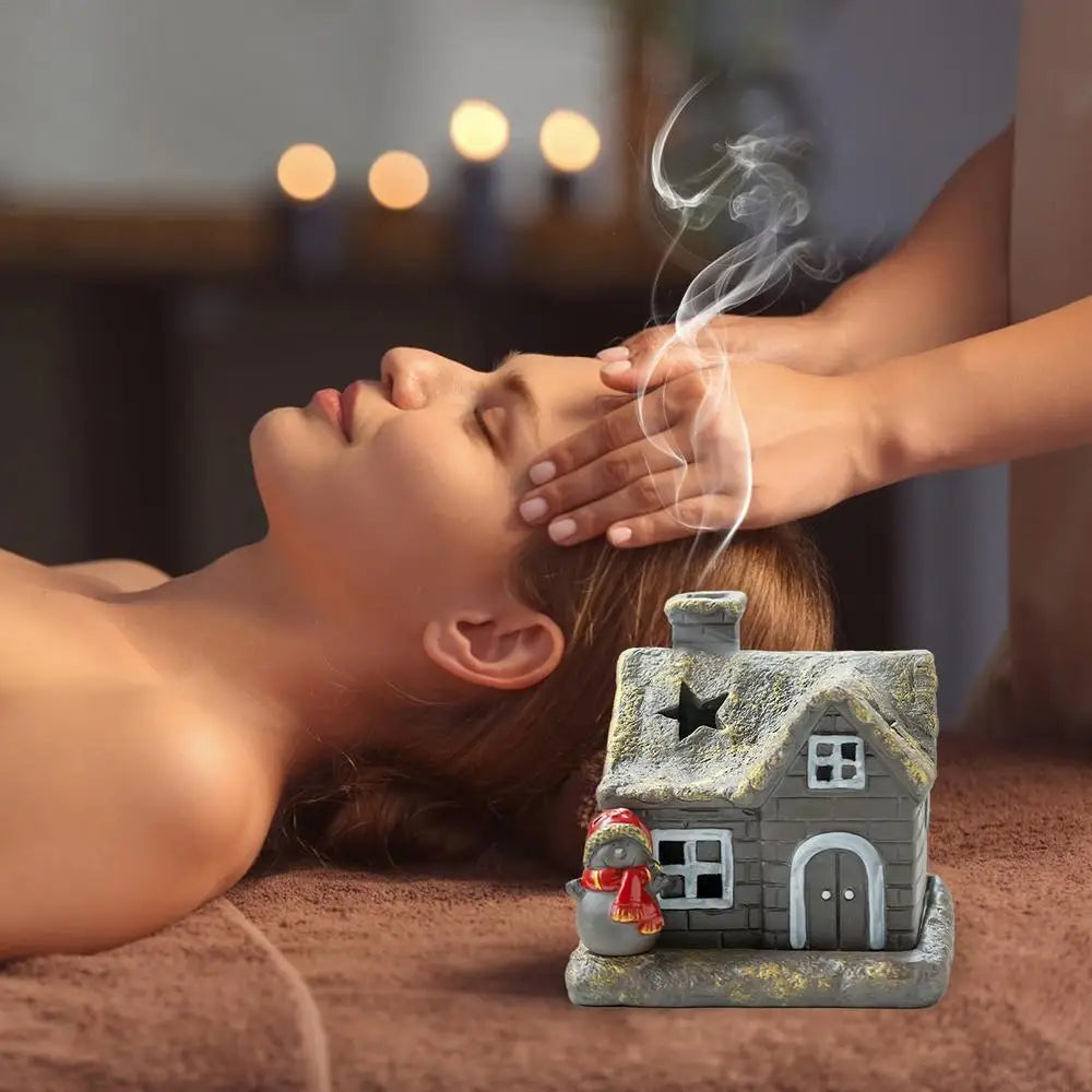 Christmas House Incense Burner - Ceramic Aroma Cone Burner with Chimney Design and Ash Catcher for Table Décor