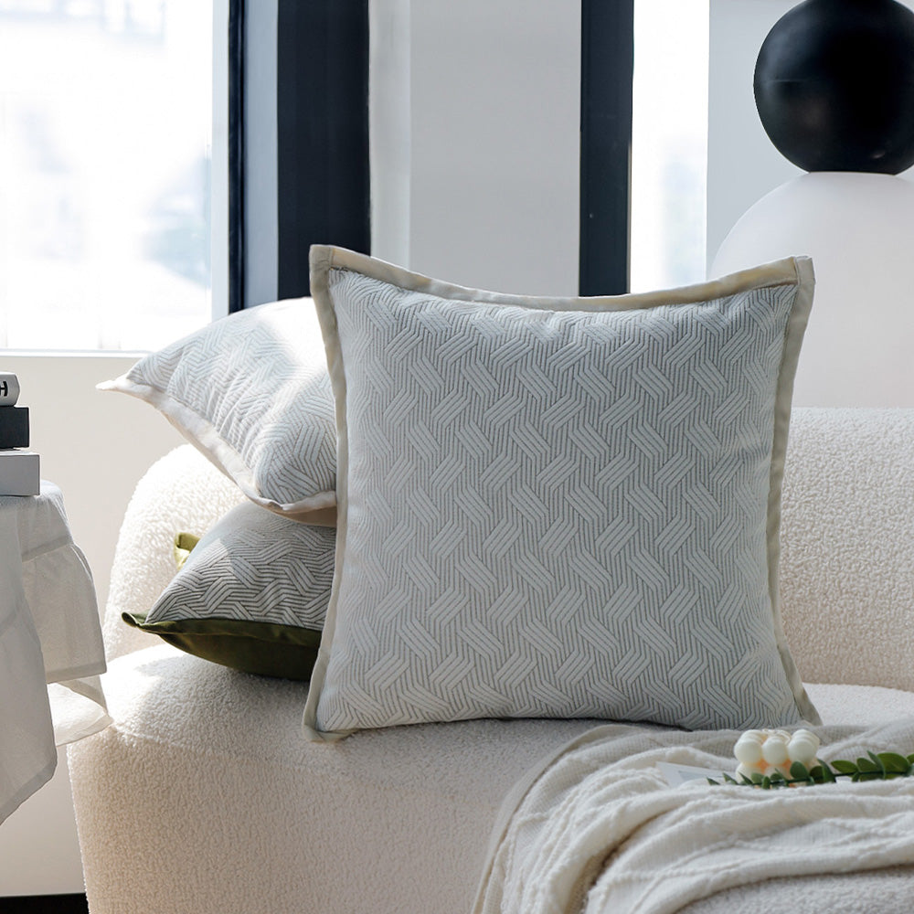 18"x18" square throw pillow set | herringbone trio | neutral white & olive green accents | 3-piece collection + insert options