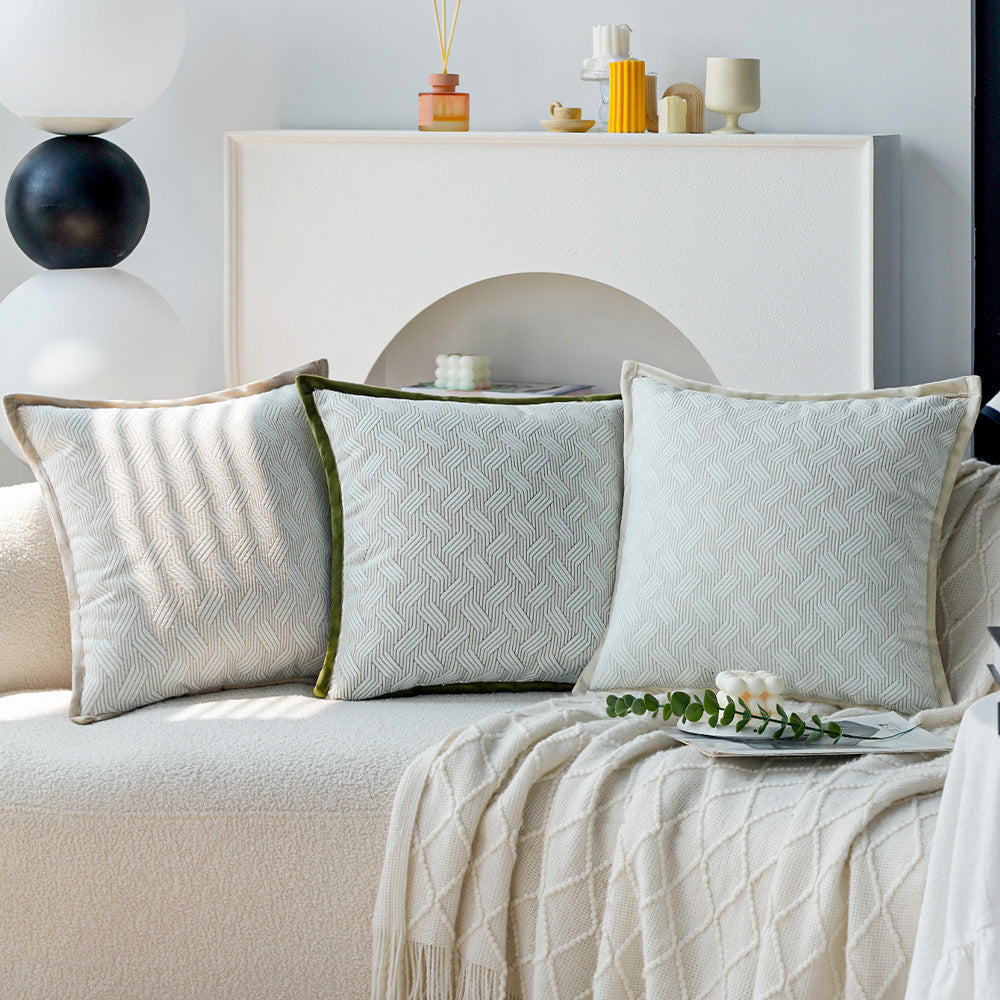 18"x18" square throw pillow set | herringbone trio | neutral white & olive green accents | 3-piece collection + insert options