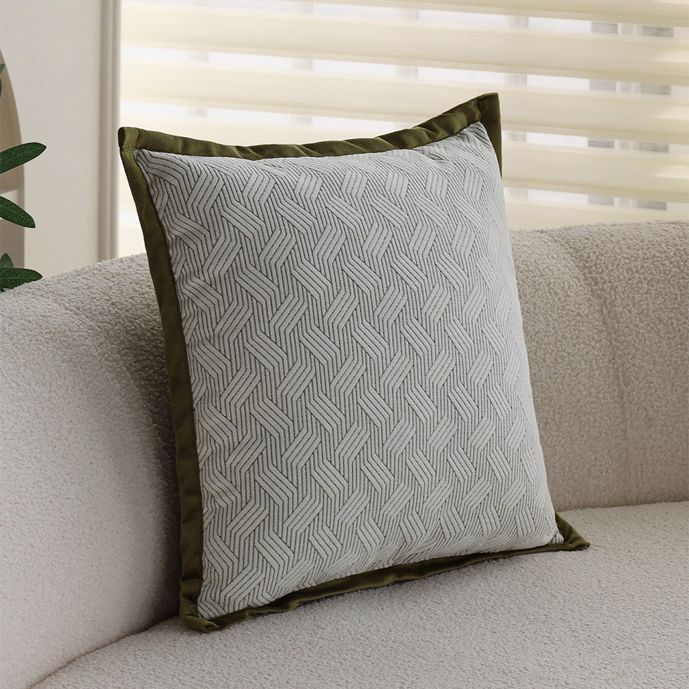 18"x18" square throw pillow set | herringbone trio | neutral white & olive green accents | 3-piece collection + insert options