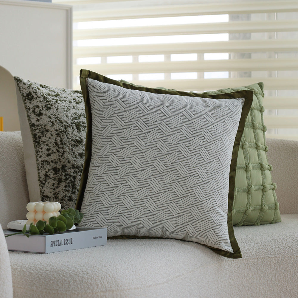 18"x18" square throw pillow set | herringbone trio | neutral white & olive green accents | 3-piece collection + insert options