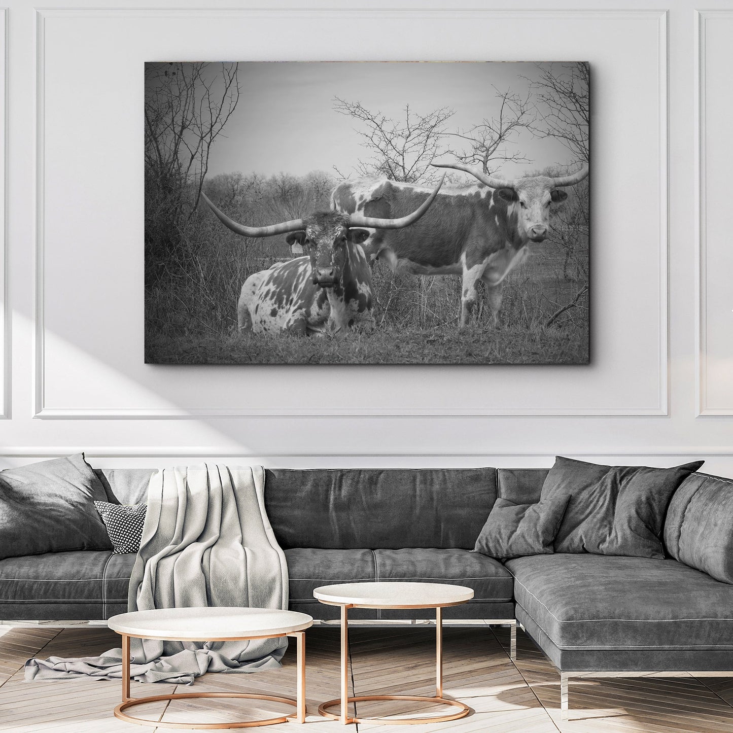 Monochrome Texas Longhorn Cattle Canvas Wall Art