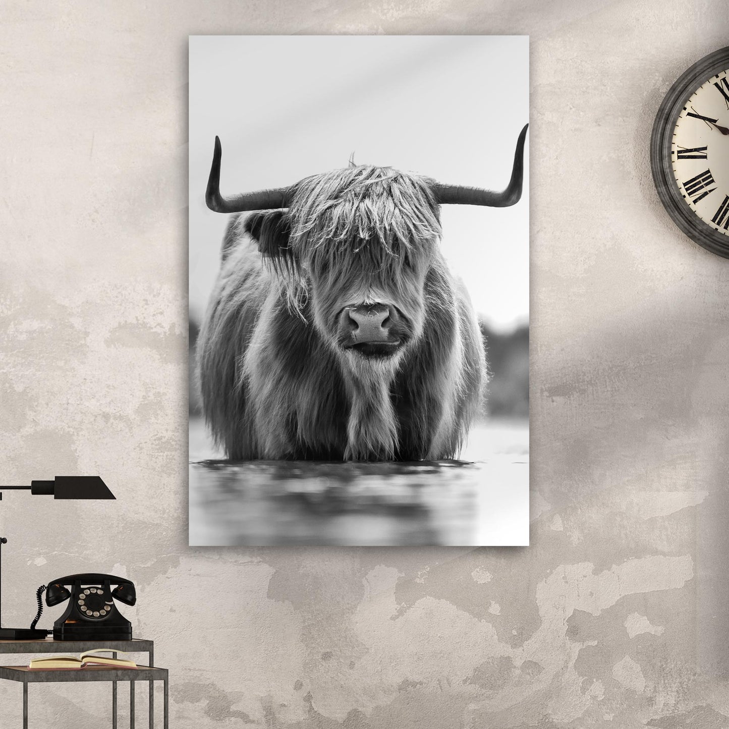 Grayscale Highland Cow Portrait Canvas Wall Art