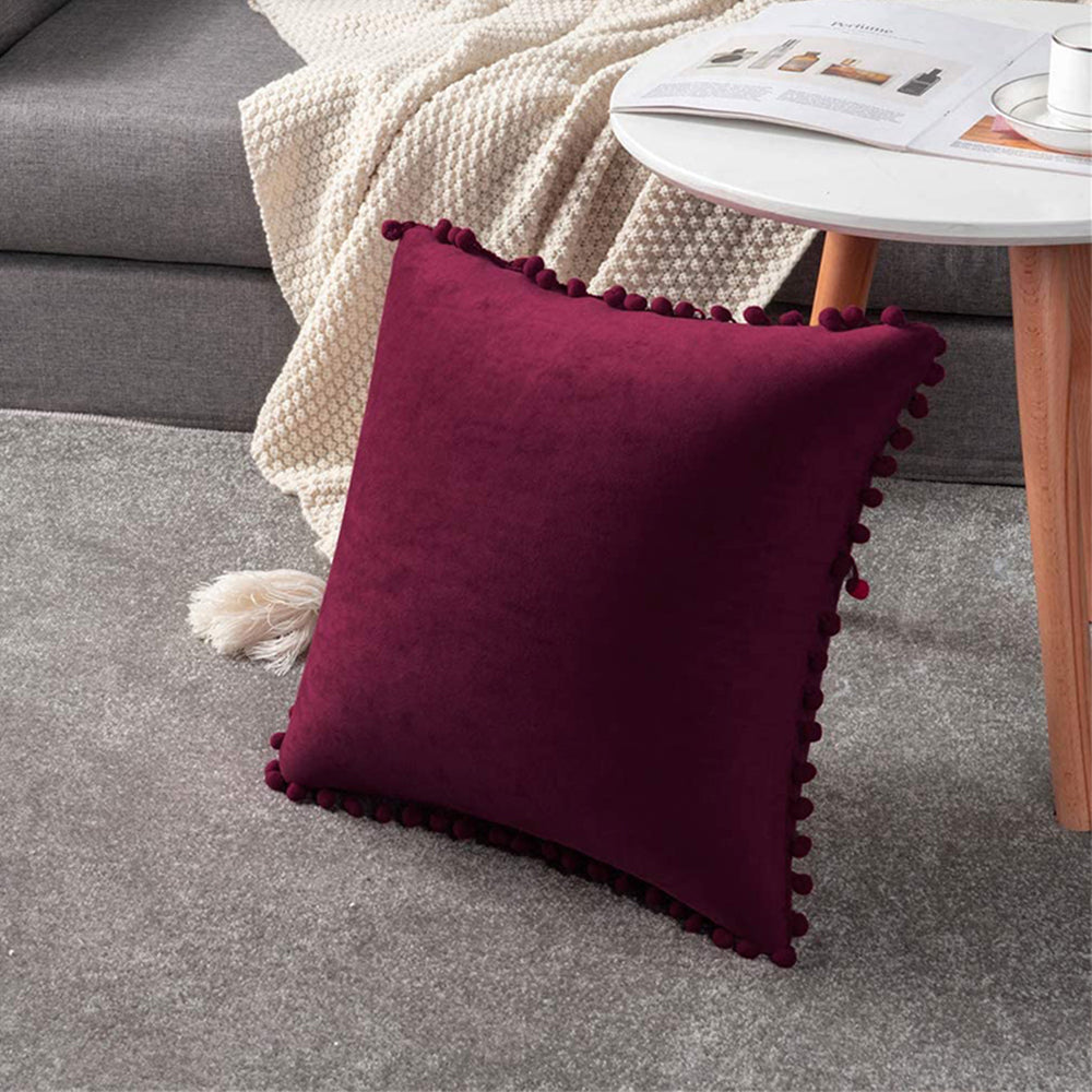 20''x20'' velvet pom-pom throw pillow | 7 colors   soft & playful ball trim design | fun couch & bedroom accent | insert included