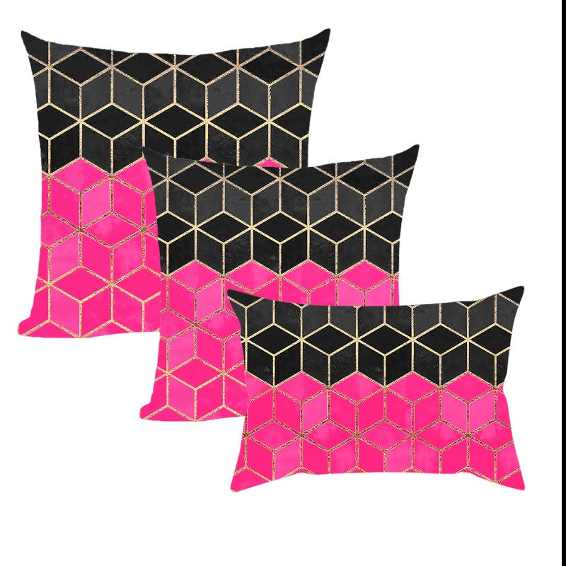 Black and pink 3 size mixed Geometric Set of 3 Pillow Covers With Inserts 1 of 12"x20", 1 of 18"x18", 1 of 20"x20"