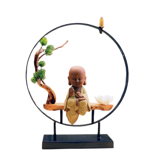 Sitting Buddha Round Big Backflow Incense Burner With Tree And Lotus Stick Holder