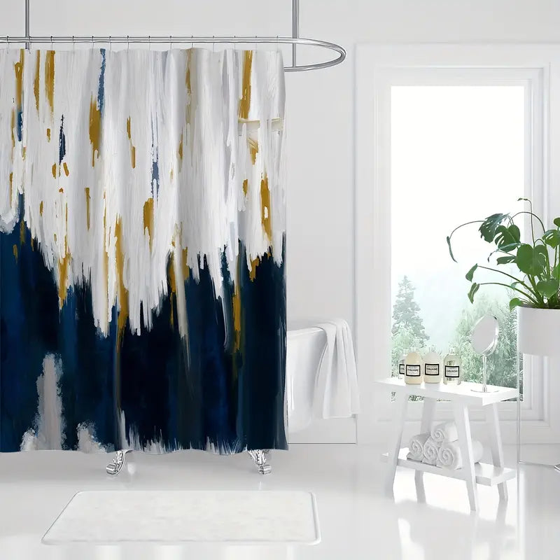Navy Blue Oil Painting Shower Curtain for Your Bathroom