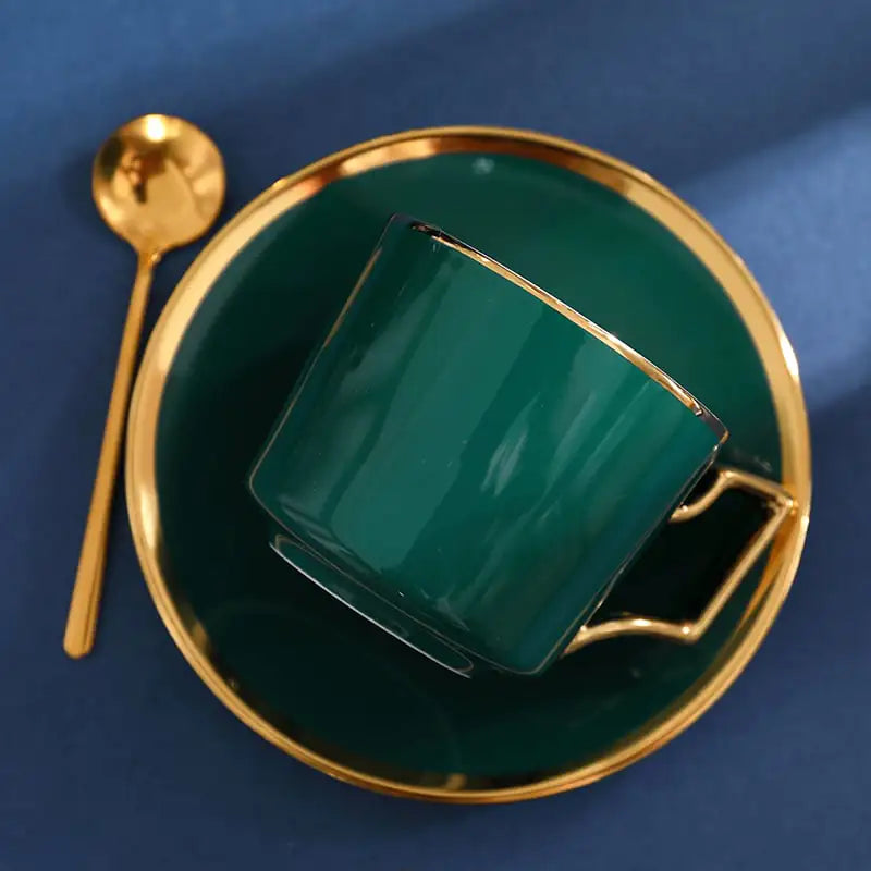 Dark Green Ceramic Coffee Cup with Spoon and Saucer
