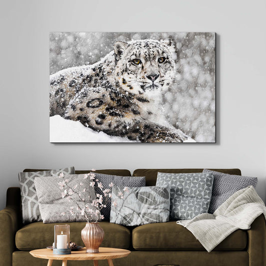 Snow Leopard In Blizzard Canvas Wall Art