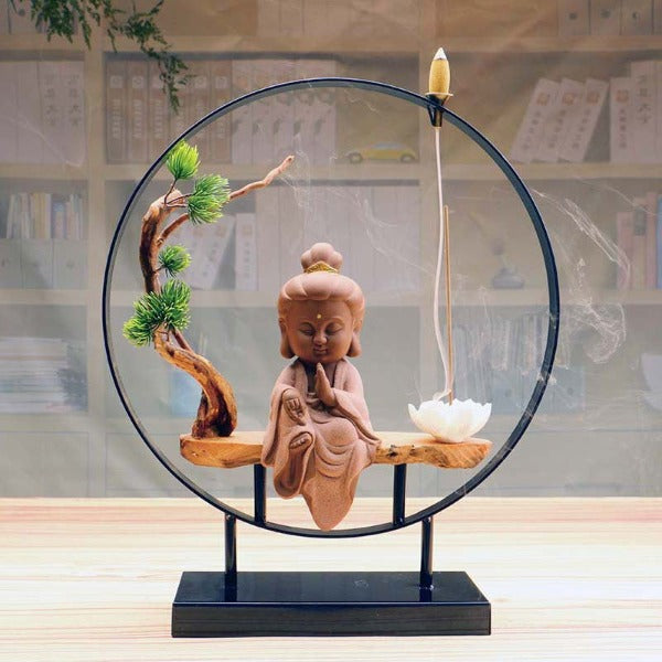 Sitting Buddha Round Big Backflow Incense Burner With Tree And Lotus Stick Holder