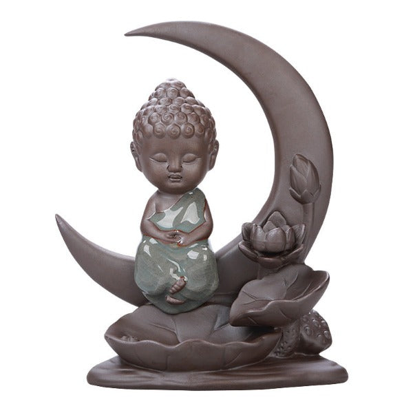 Little Buddha With Moon Backflow Incense Burner And Lotus Leaves